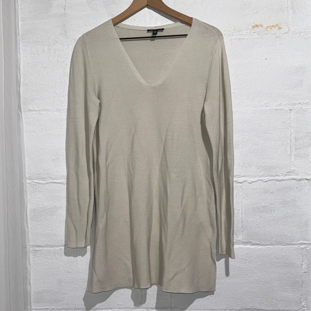 Eileen Fisher Cream V-Neck Long Sleeve Knit Tunic